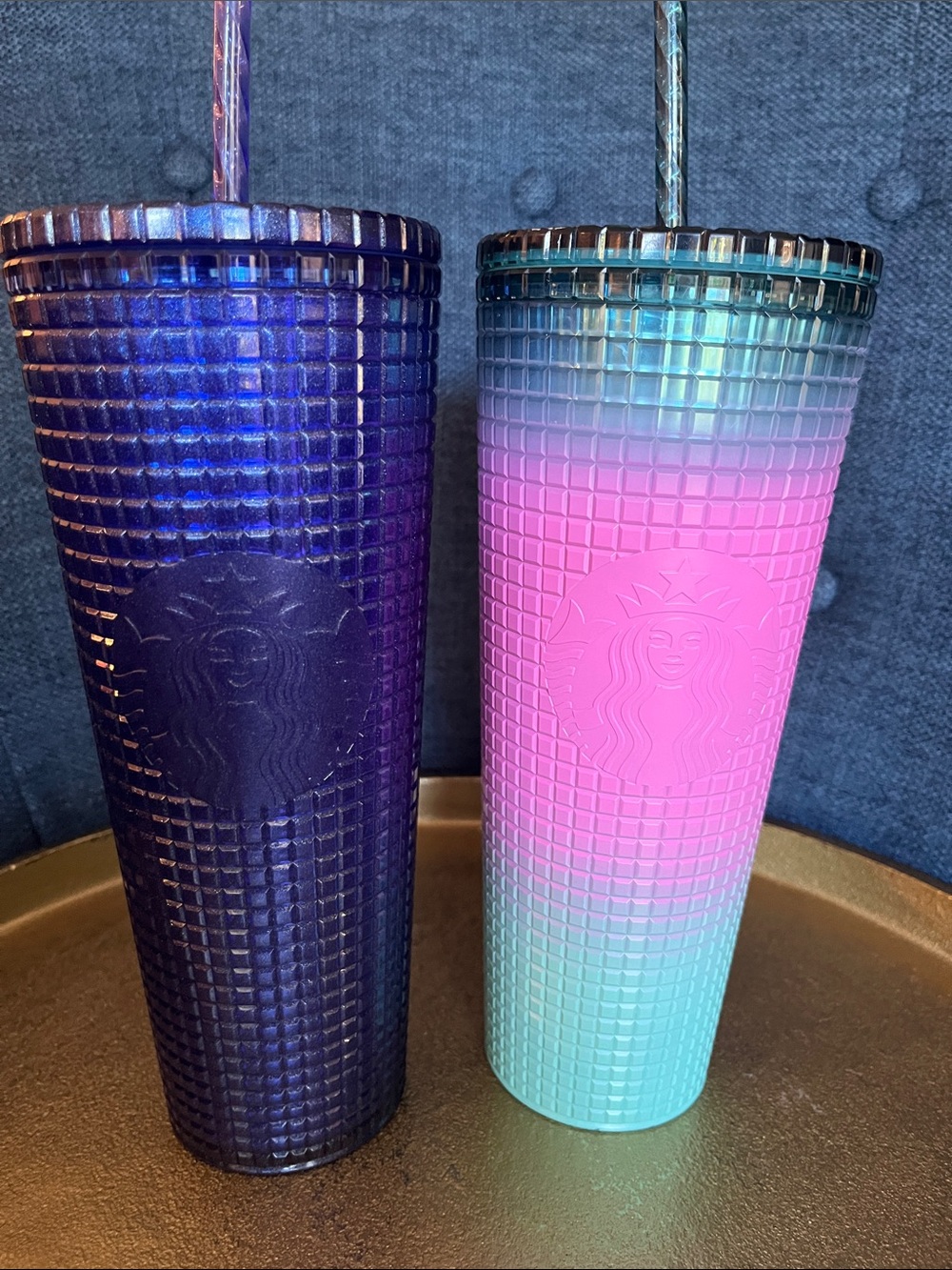2 Pc Venti Starbucks Gradient Pink & Teal Studded Tumbler with Matching Straw